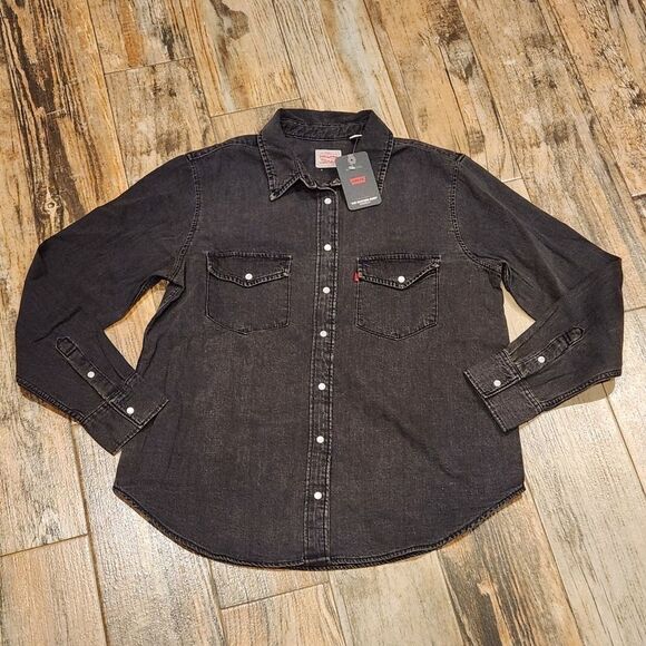 🔸️NWT Levi's Black Ultimate Snap Buttoned Western Long Sleeve Top Large - Picture 2 of 12